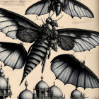 Detailed Illustration: Oversized Insects with Gothic Architecture on Their Backs