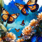 Colorful Monarch Butterflies Among White Flowers on Blue Background