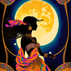 Silhouette of woman against cosmic backdrop with moon, stars, and mandalas