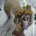 Detailed illustration of woman with intricate headdress against white tree backdrop