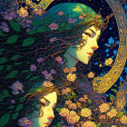 Stylized female faces with floral patterns, moon, and butterflies