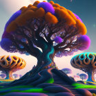 Fantasy landscape with majestic tree, whimsical mushrooms, river, and starry sky