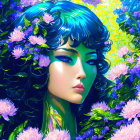 Vibrant illustration: Woman with blue hair among purple flowers and green foliage