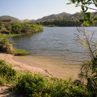 Tranquil landscape: serene lake, lush greenery, orange sky