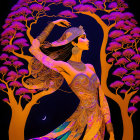 Woman in ornate gold dress under purple trees on dark background