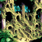 Ancient ruins engulfed by lush jungle and towering trees