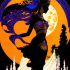 Silhouetted female figure in traditional attire under full moon.