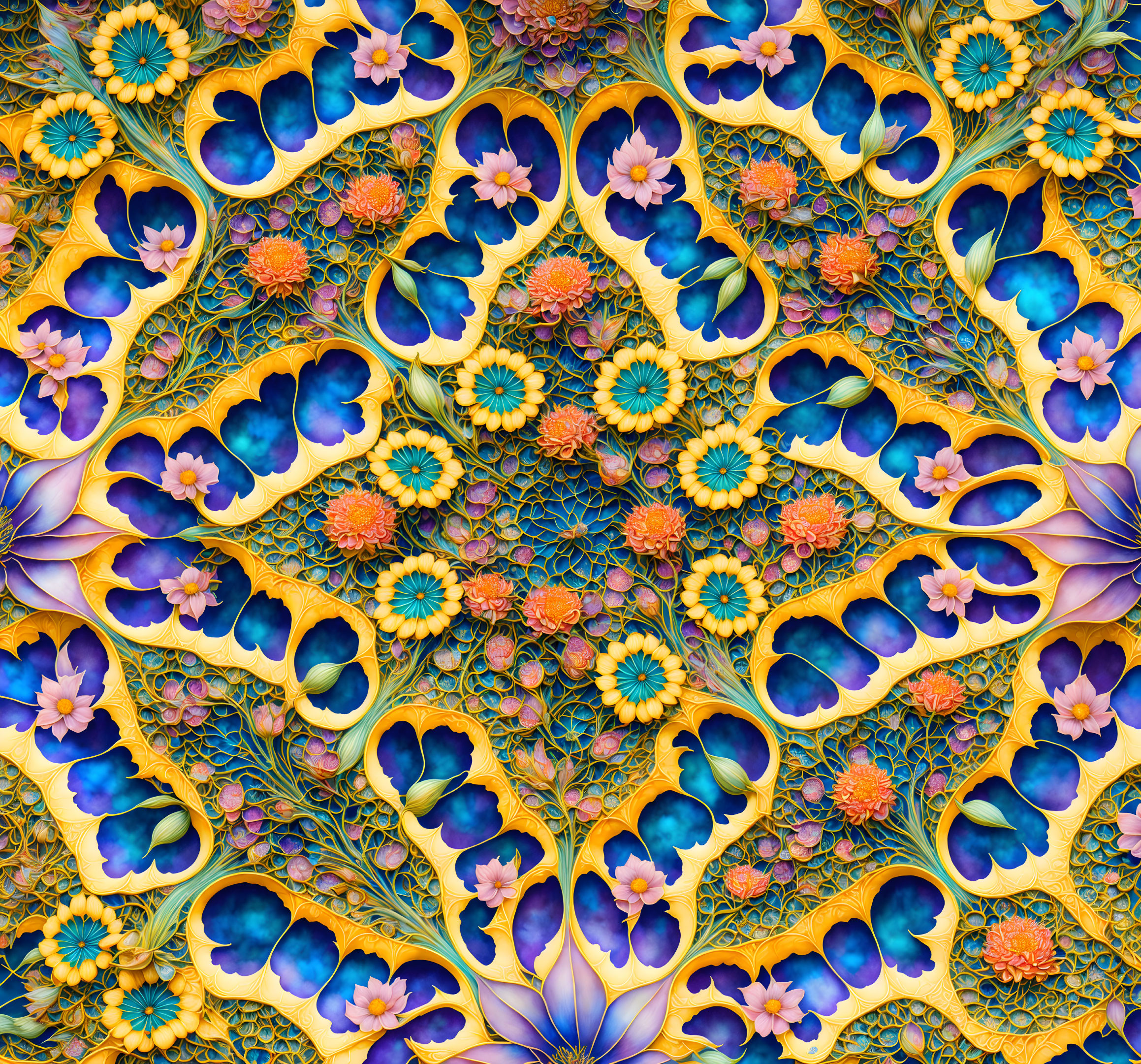 Symmetrical butterfly wings and floral elements in vibrant kaleidoscope.