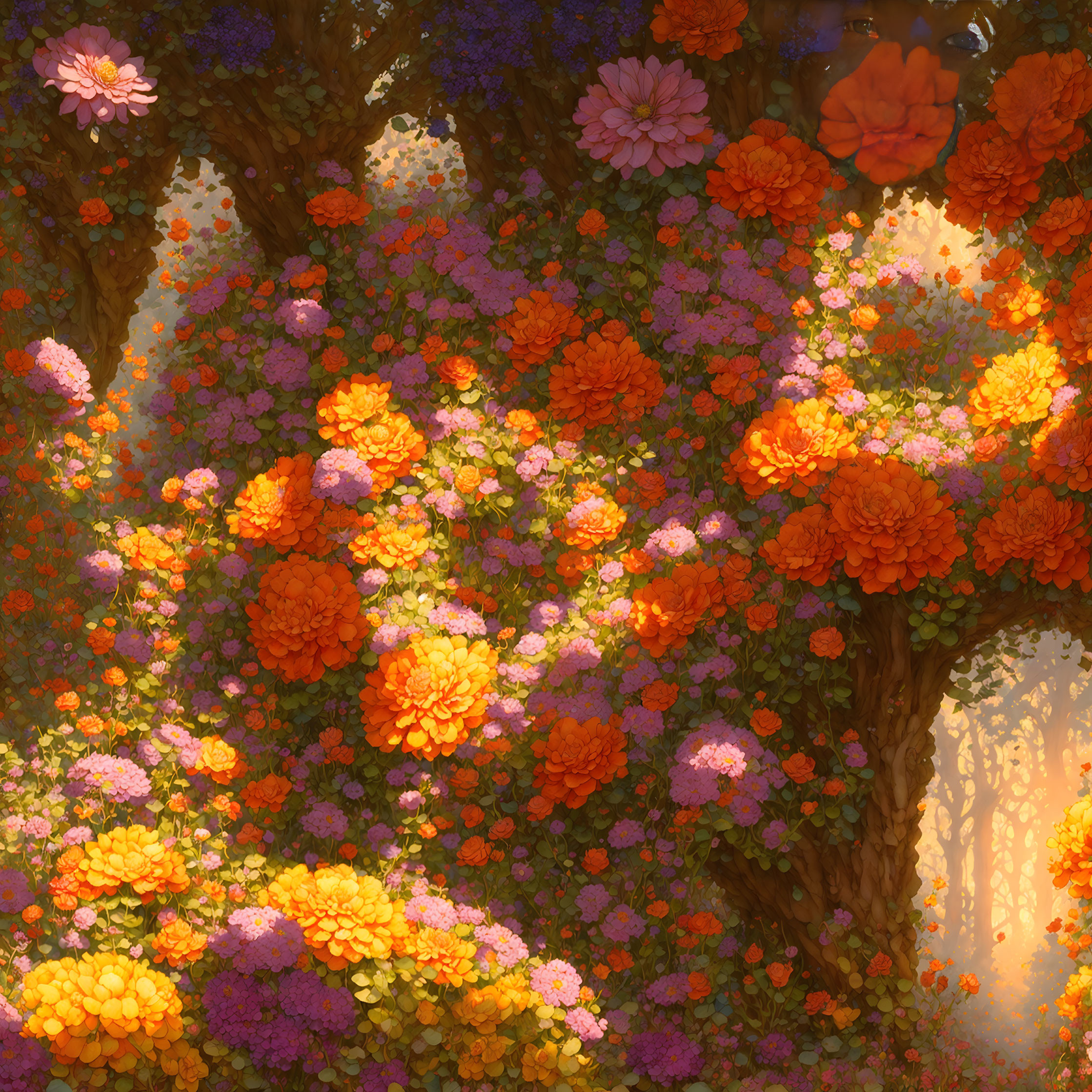 Colorful Orange and Purple Flowers in Sunlit Garden