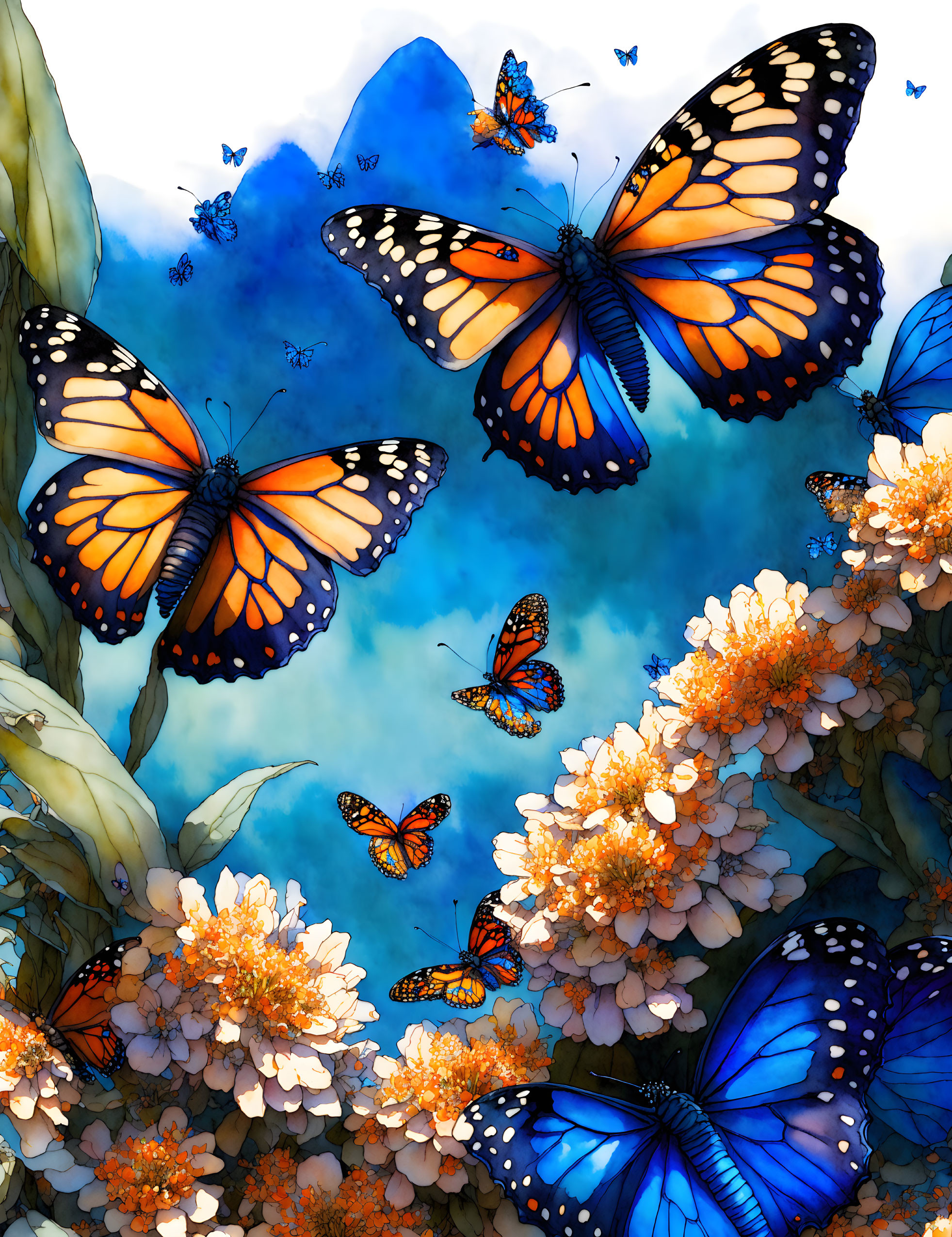 Colorful Monarch Butterflies Among White Flowers on Blue Background