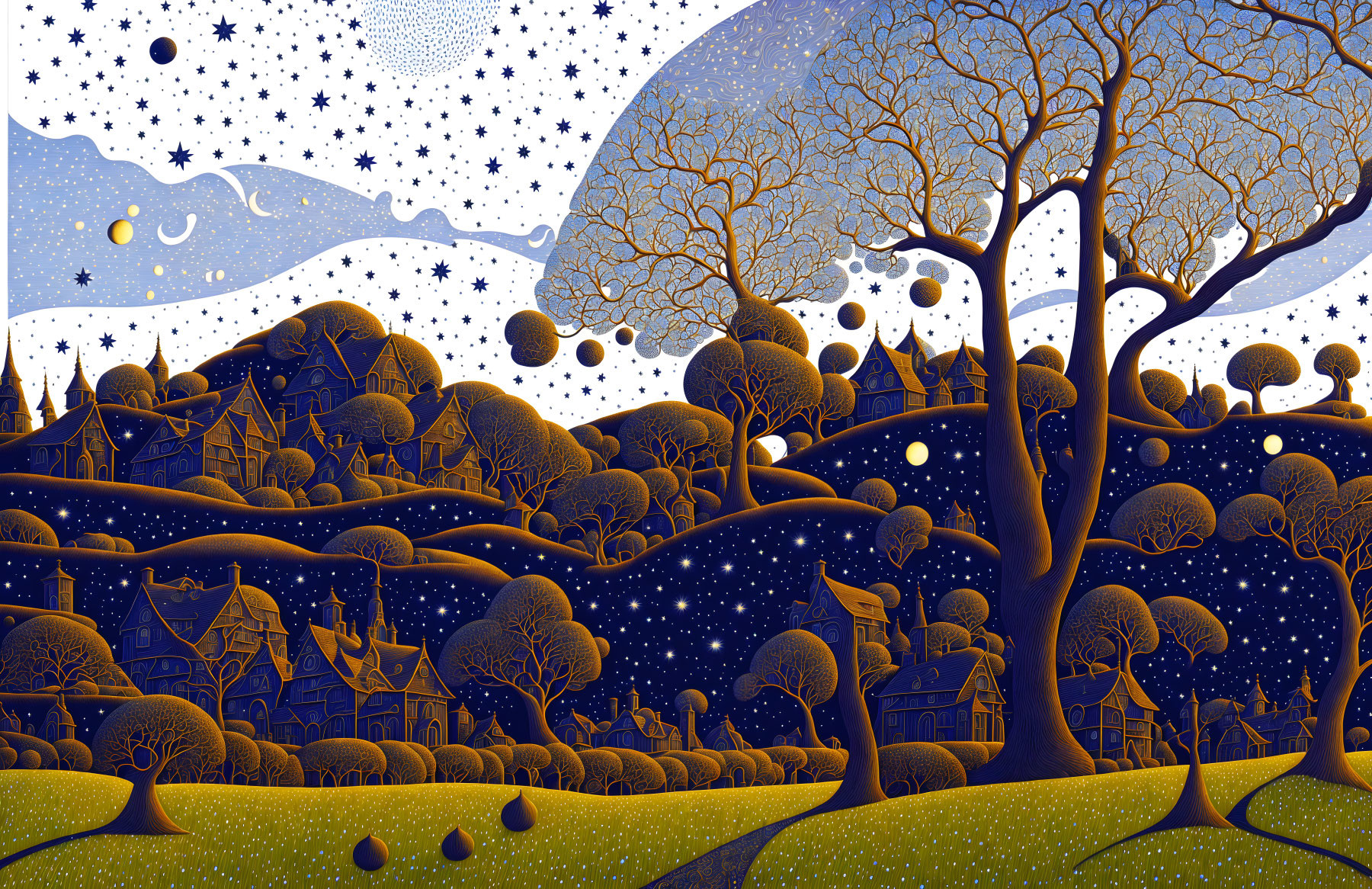 Starry night landscape with stylized trees and orbs in blue and gold palette