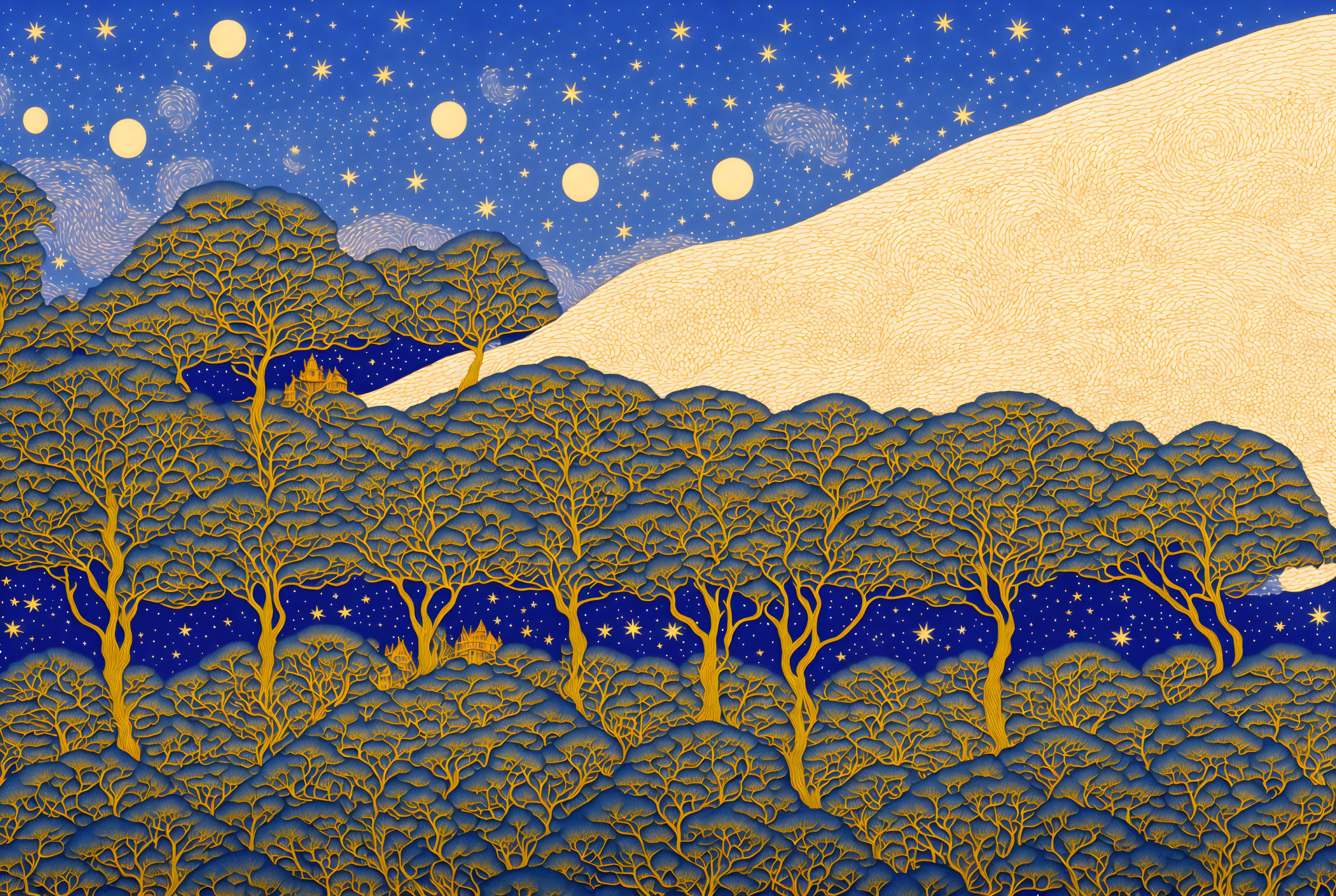 Starry night sky over intricate forest of leafless trees