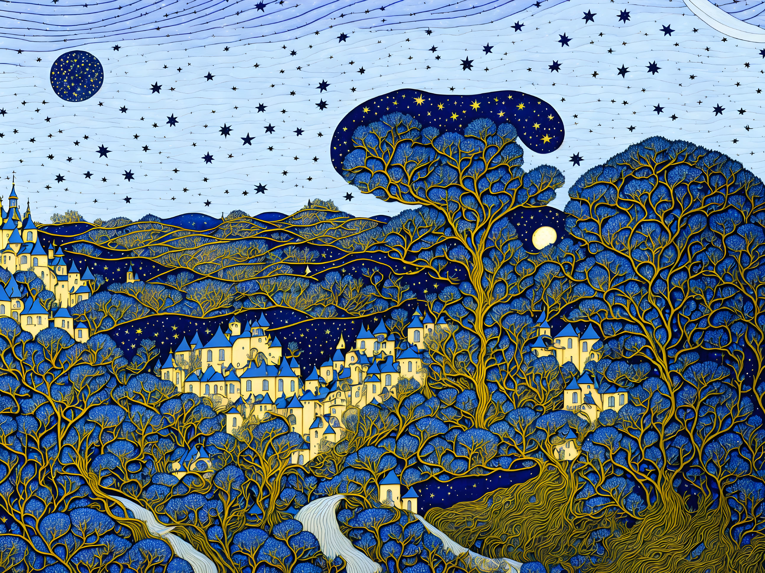 Illustration of starry night village with ornate trees, castle, swirling blues and yellows