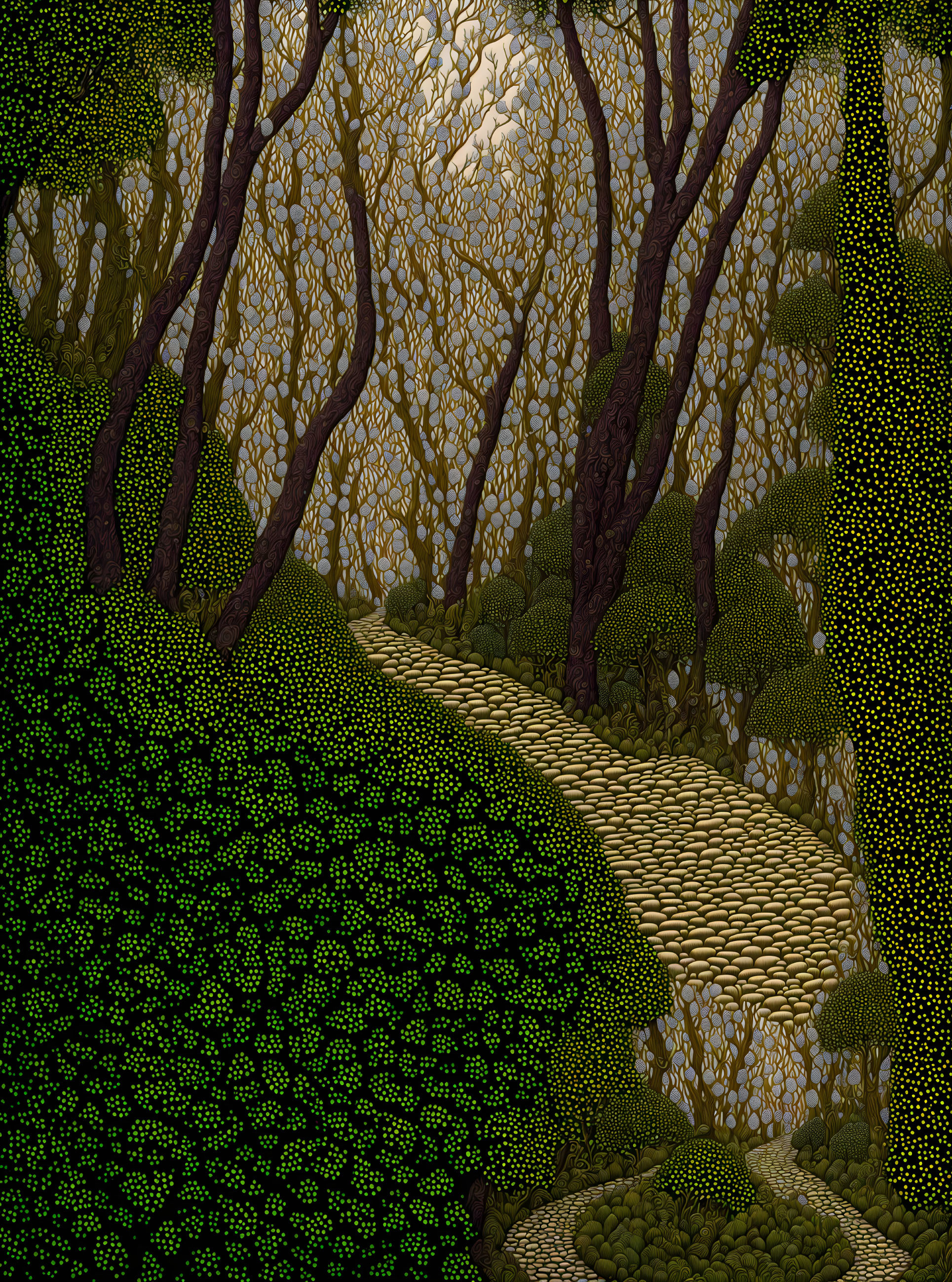 Mystical forest with winding cobblestone path