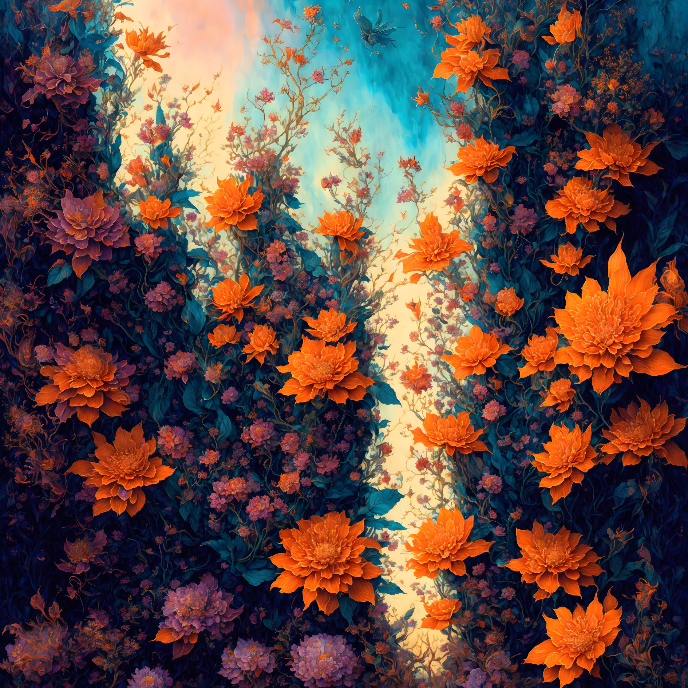 Symmetrical orange floral digital art on pastel background