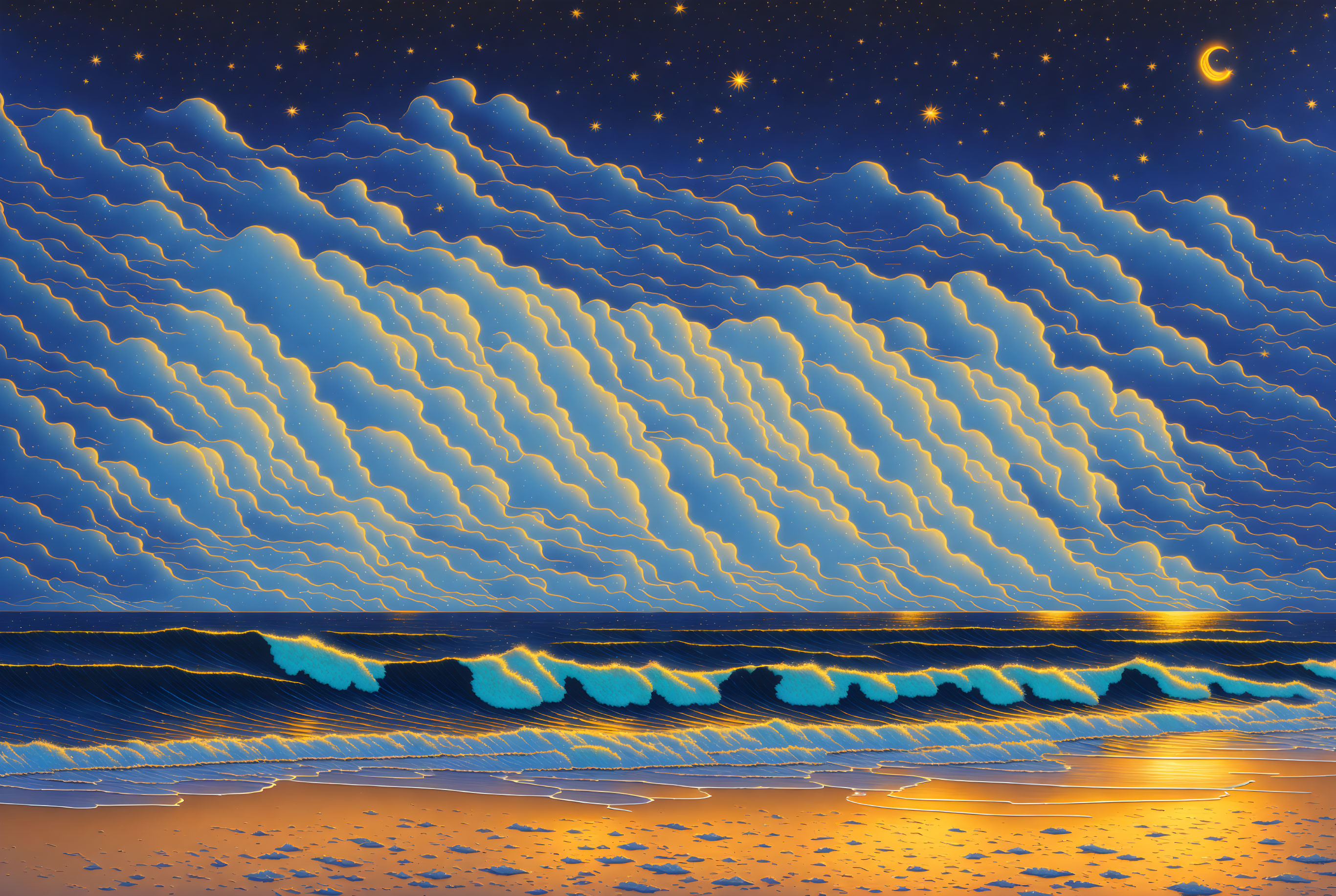 Night beach scene with crescent moon and glowing ocean waves.