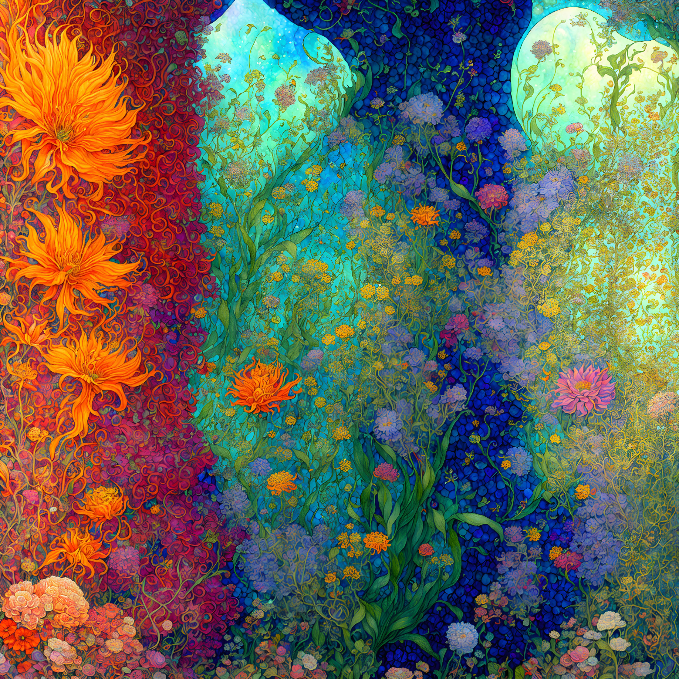 Detailed Underwater Scene with Colorful Flora and Moon-like Elements