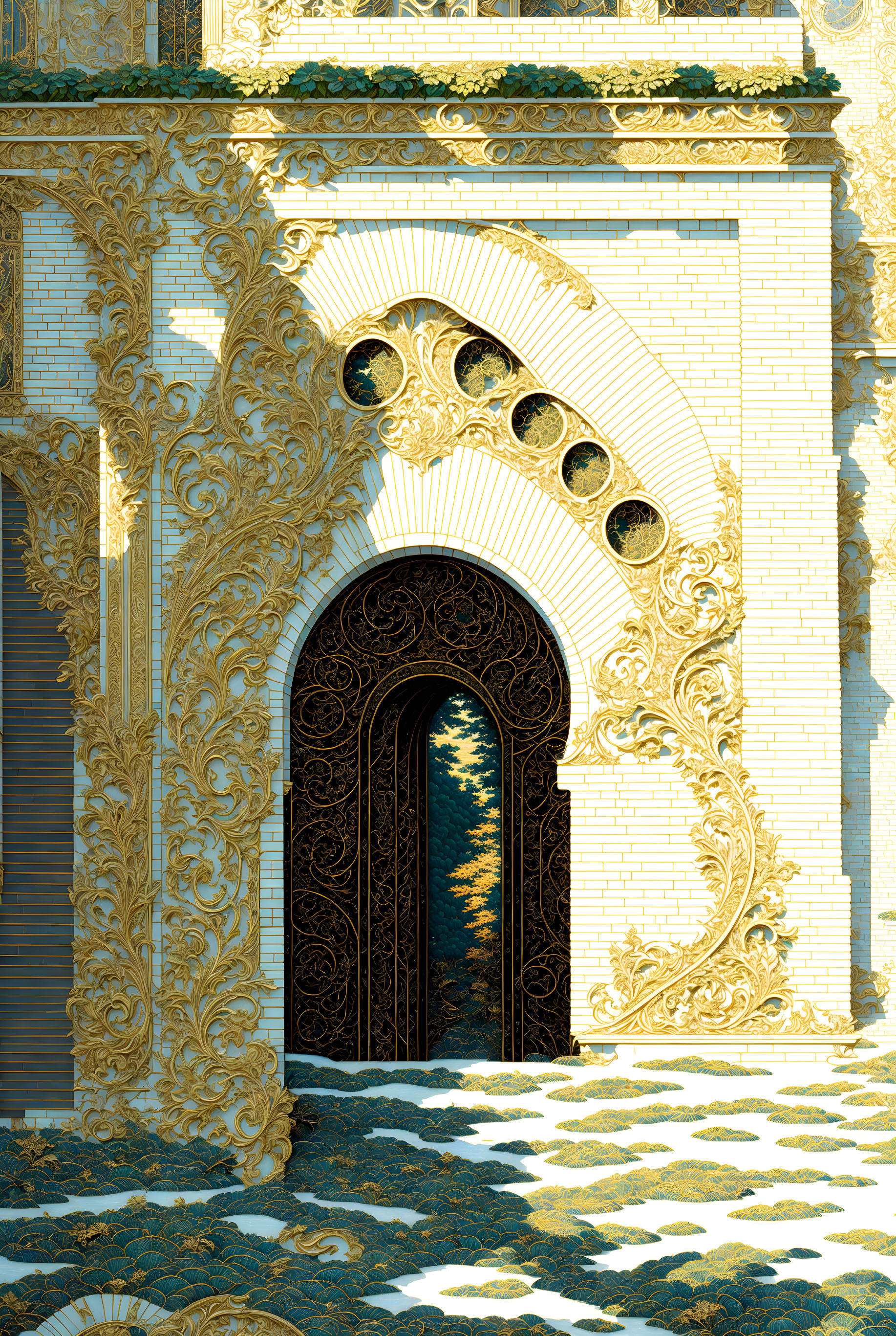 Intricate golden arch on white bricks with dark entryway and patterned shadow