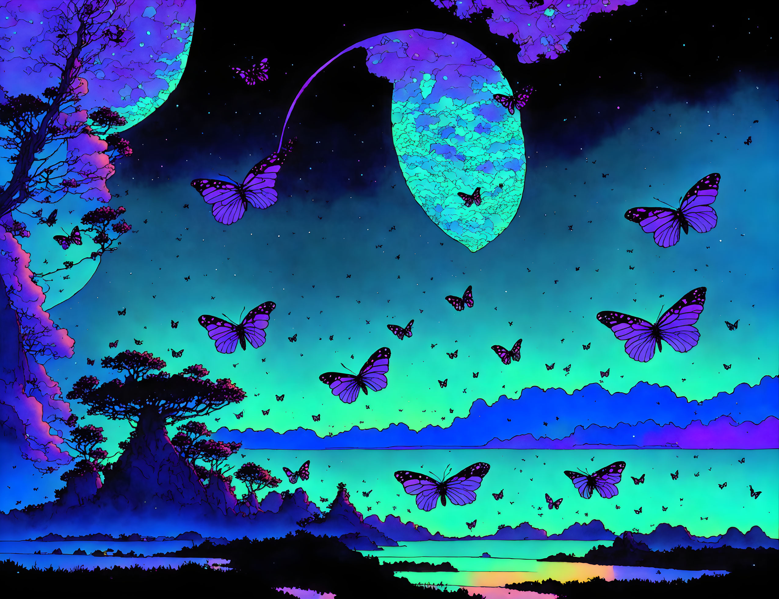 Colorful digital artwork: Butterflies, cracked moon, starry sky, blues, purples