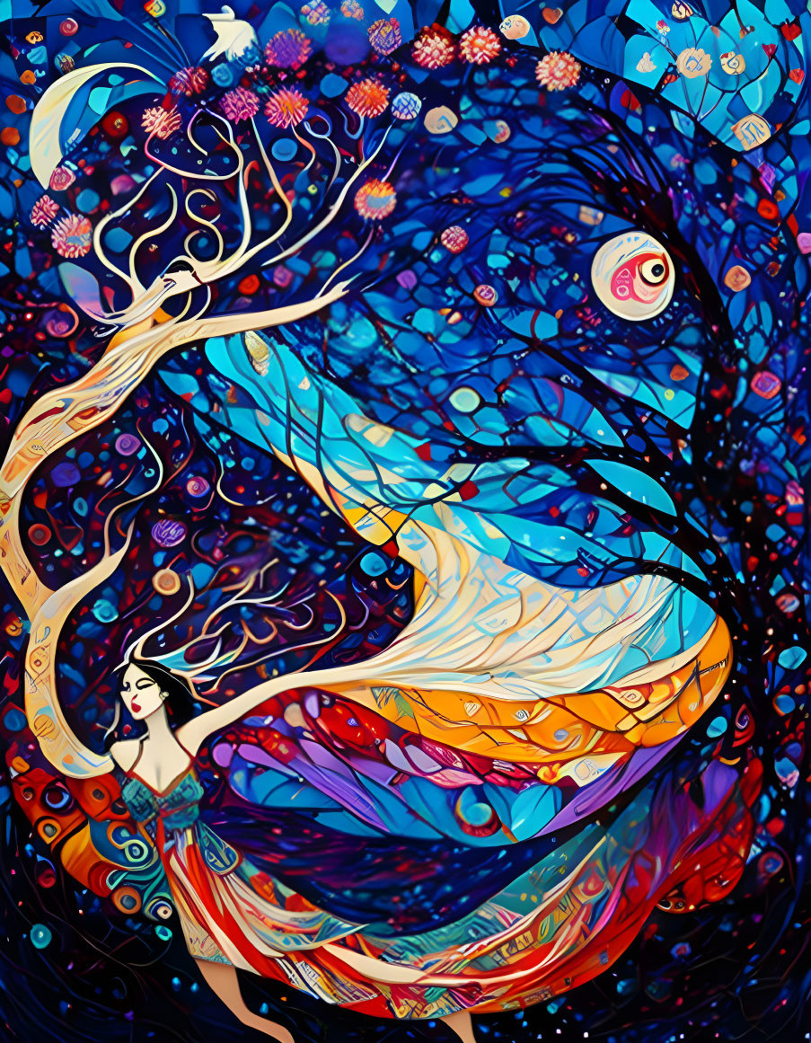 Colorful artwork of woman merging with tree under starry night sky