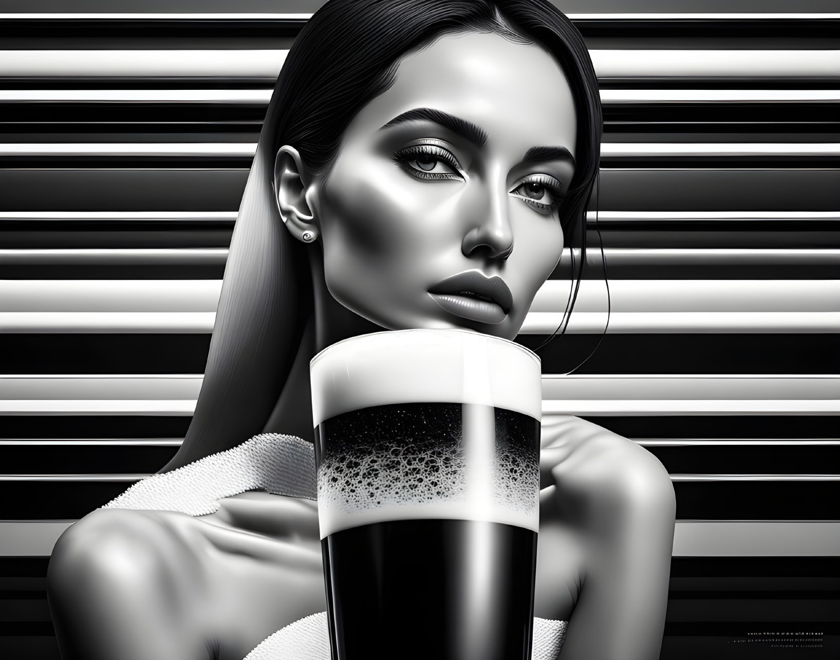 Monochromatic image of woman with sleek hair and dramatic makeup holding dark beer.