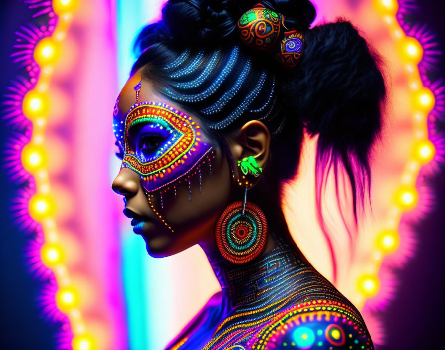 Vibrant neon face and body paint on woman in colorful background