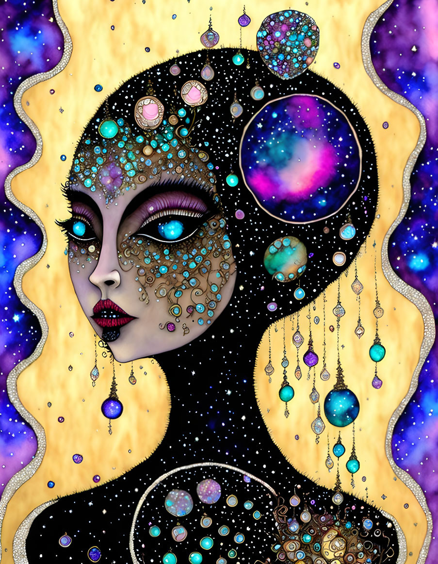 Colorful cosmic woman illustration with vibrant colors and celestial elements