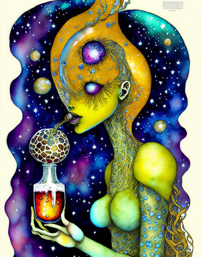 Colorful Female Figure with Cosmic Elements and Potion in Starry Fantasy Art