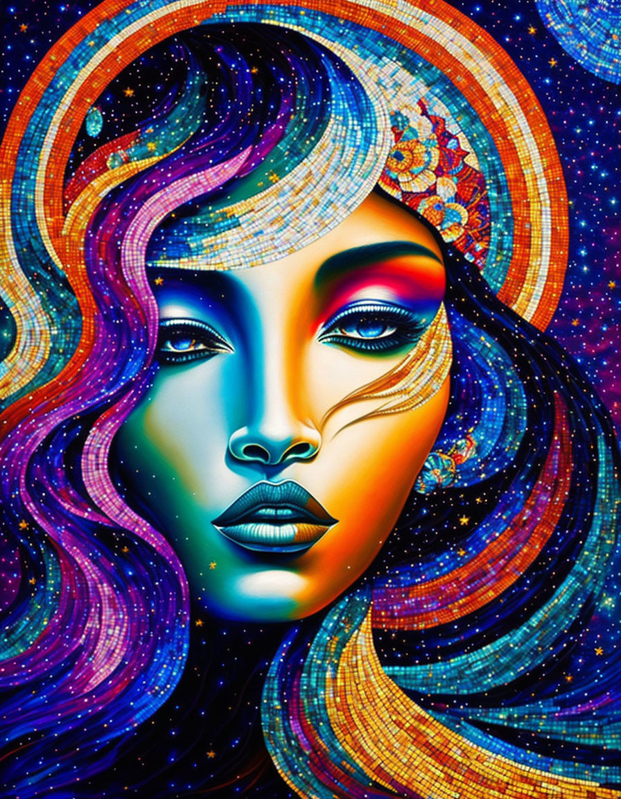 Colorful Cosmic Artwork of Woman's Face with Flowing Hair