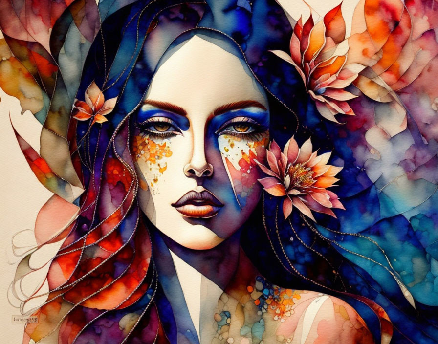 Colorful watercolor portrait of a woman with blue hair and orange flowers on abstract background