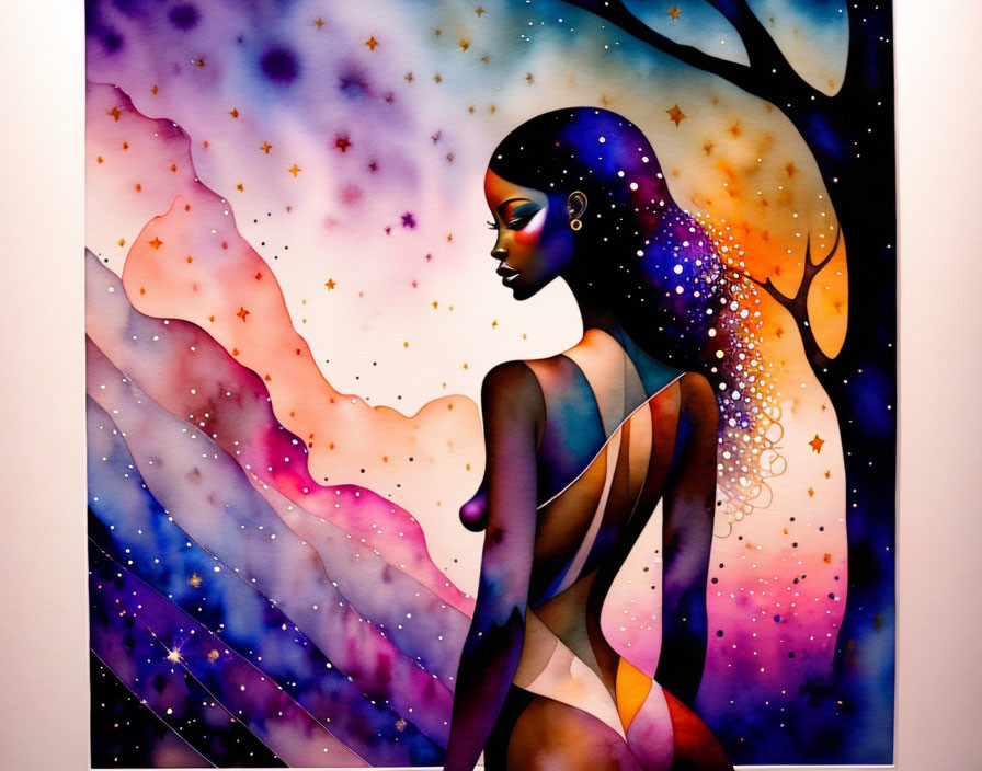 Vibrant artwork of woman with cosmic hair and tree silhouette