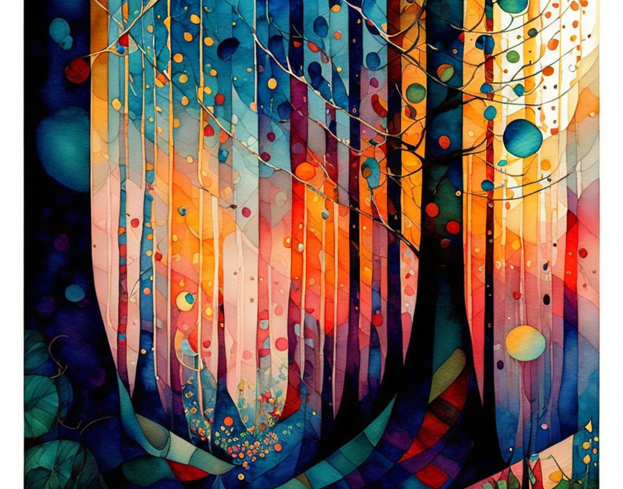 Colorful Abstract Forest with Vibrant Hues and Dotted Patterns