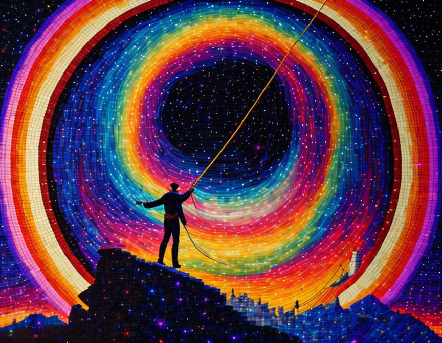 Person on Mountain Peak Pulling Colorful Lights from Night Sky