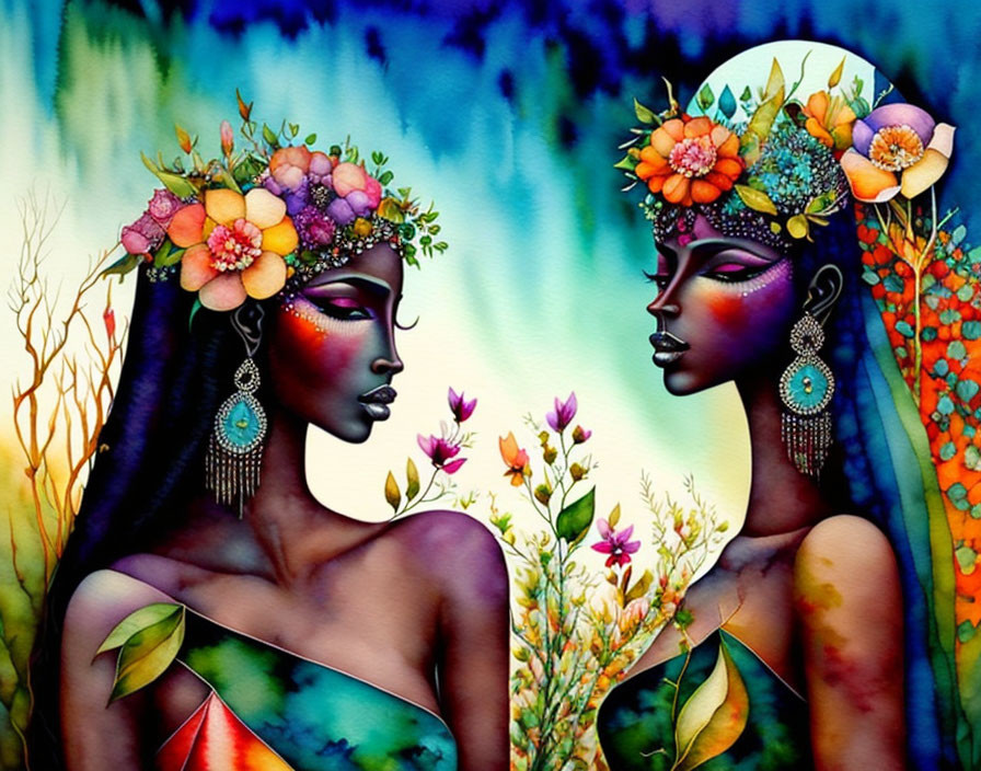 Stylized women with floral headpieces in vibrant colors against botanical backdrop