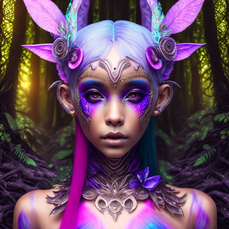 Mystical elf with purple and blue hair and jeweled headpiece in forest