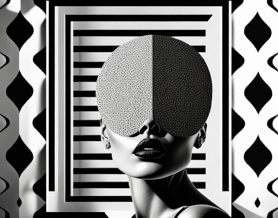 Monochromatic image of woman with patterned sphere on geometric background