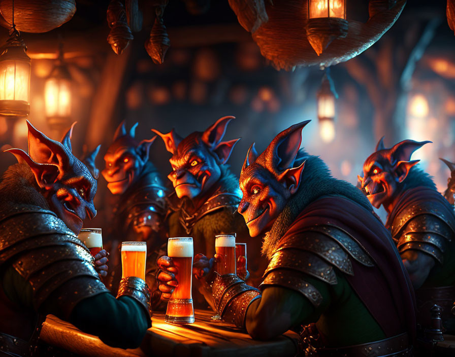 Fantasy creatures in armor with horns drinking ale in a tavern