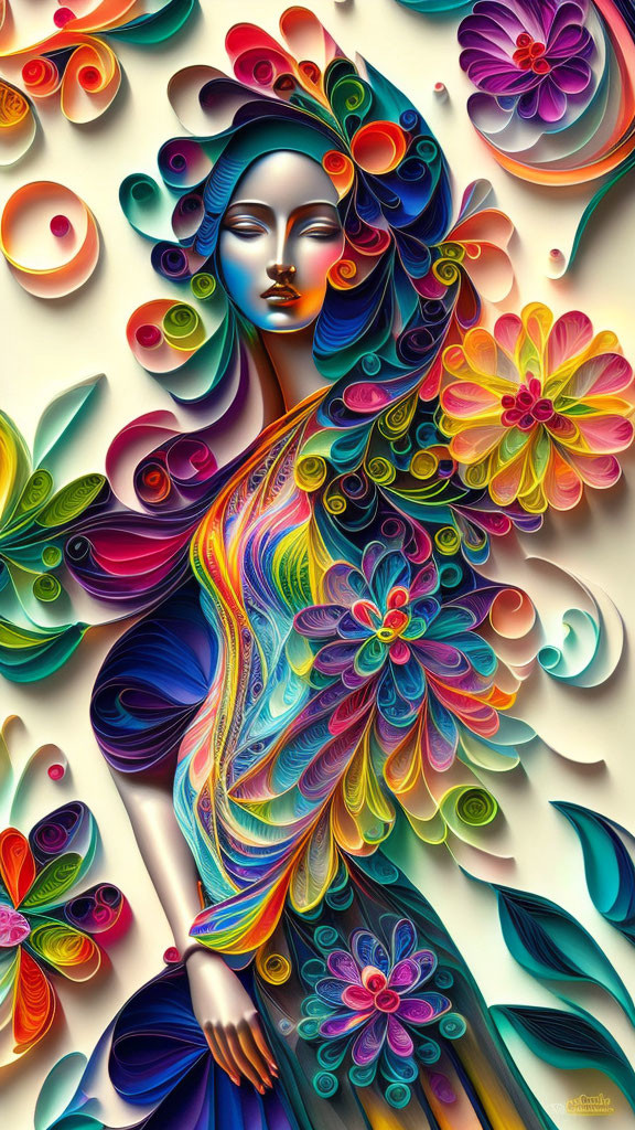 Colorful Stylized Woman with Swirling Hair and Floral Patterns