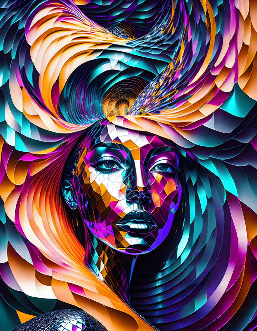 Colorful digital art: Woman's face with geometric pattern amid swirling shapes.