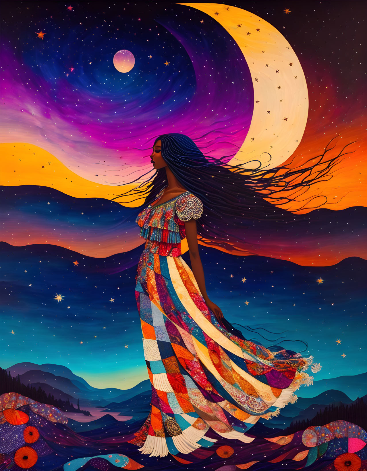 Woman in vibrant patchwork dress under crescent moon in cosmic backdrop