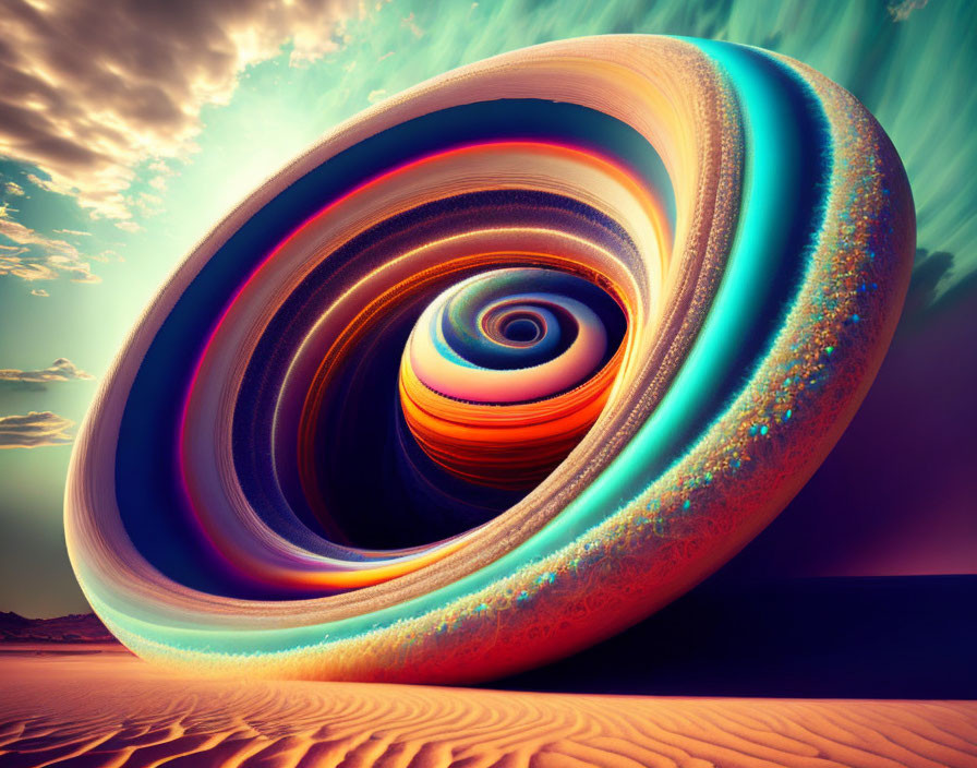 Colorful Swirling Vortex in Desert Landscape with Dramatic Sky