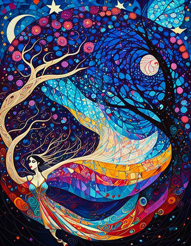 Colorful painting of woman with flowing hair in cosmic scene