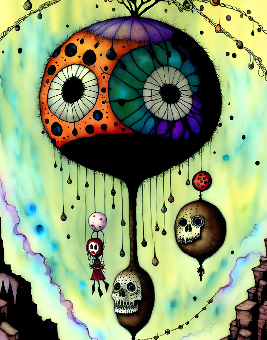 Colorful abstract illustration with eye-like patterns, skulls, rag doll character, and surreal elements