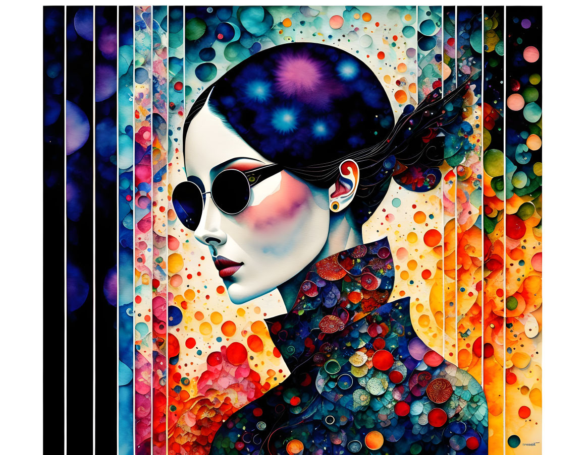 Colorful Portrait of Woman with Sunglasses in Vibrant Bubble Background