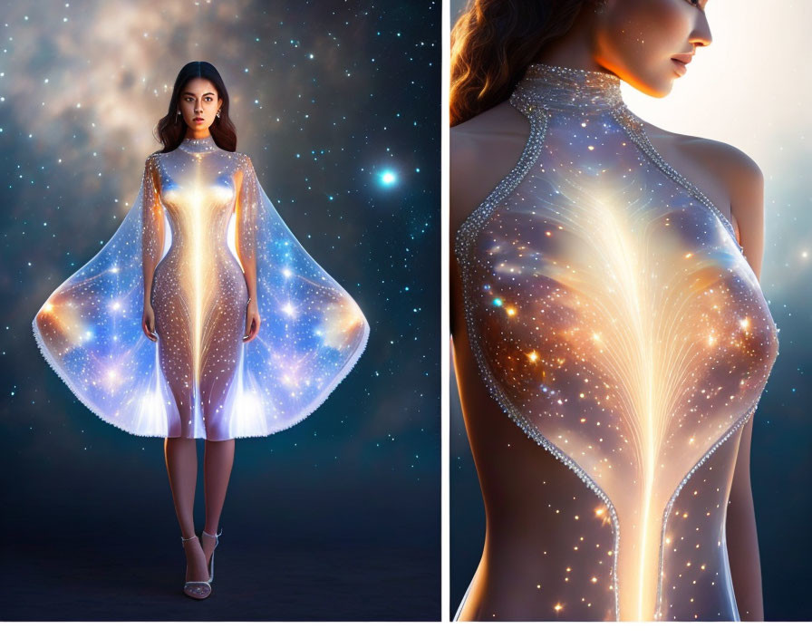 Futuristic galaxy-themed dress with glowing patterns and high neckline on woman against starry background