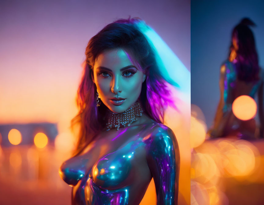 Woman in Shiny Latex Outfit on Neon Light Background