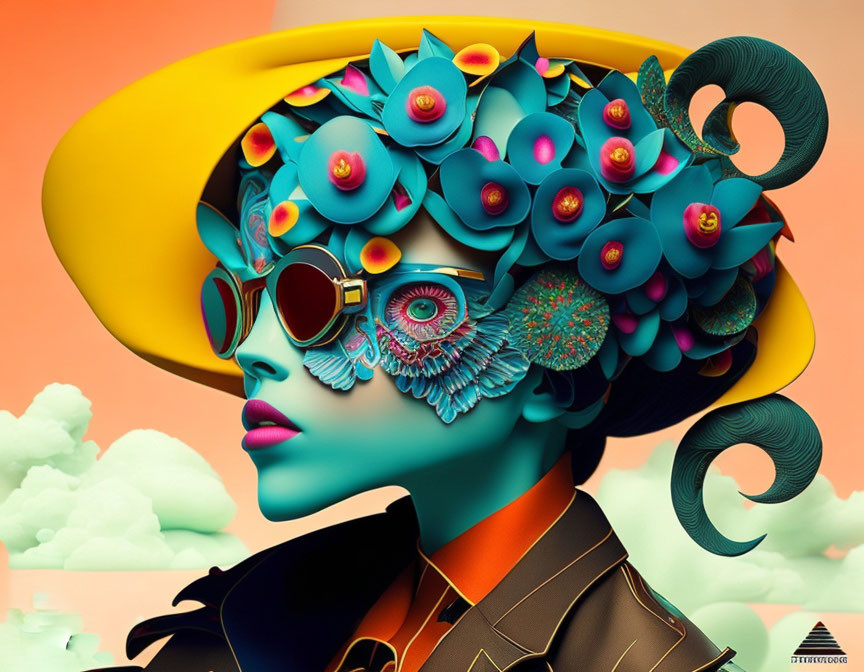 Vibrant digital artwork: stylized woman with blue skin, sunglasses, and elaborate hat.