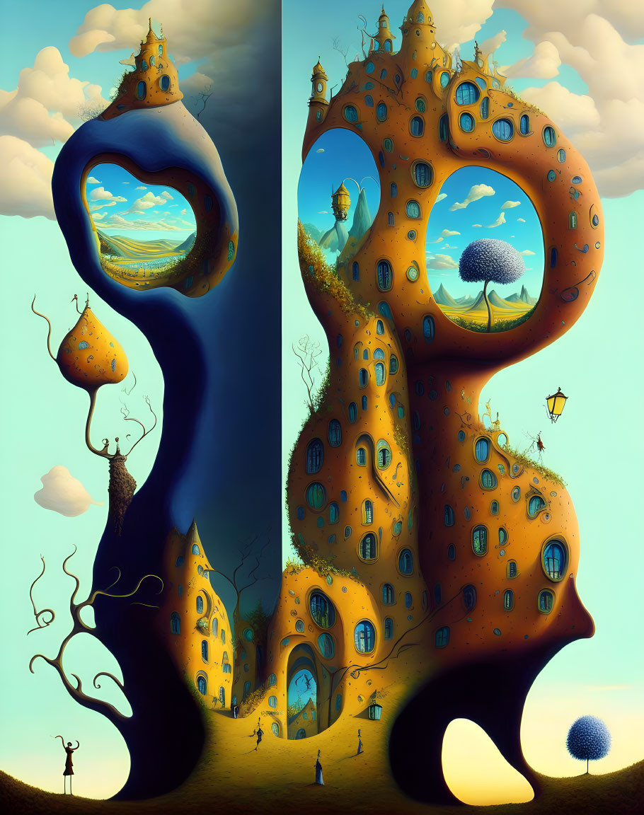 Abstract surreal artwork featuring large figures and miniature landscapes under a blue sky