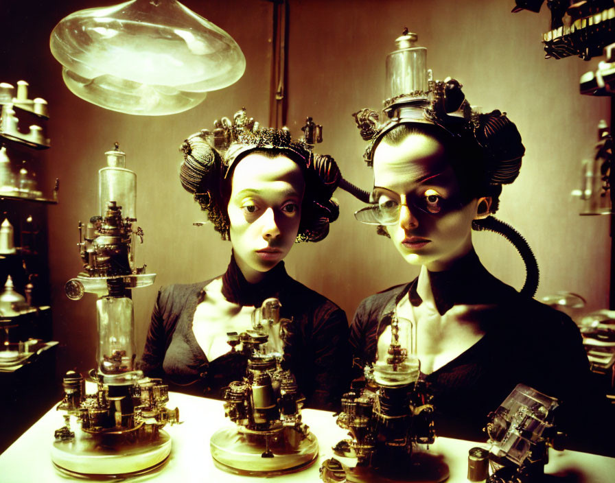 Victorian women in dark dresses with scientific headgear in vintage room