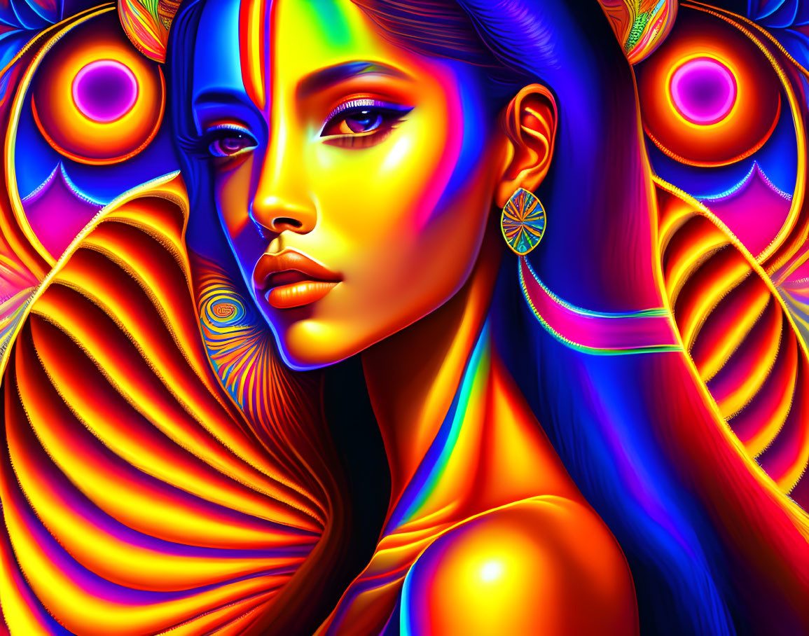 Colorful digital art featuring woman with neon hues & patterns